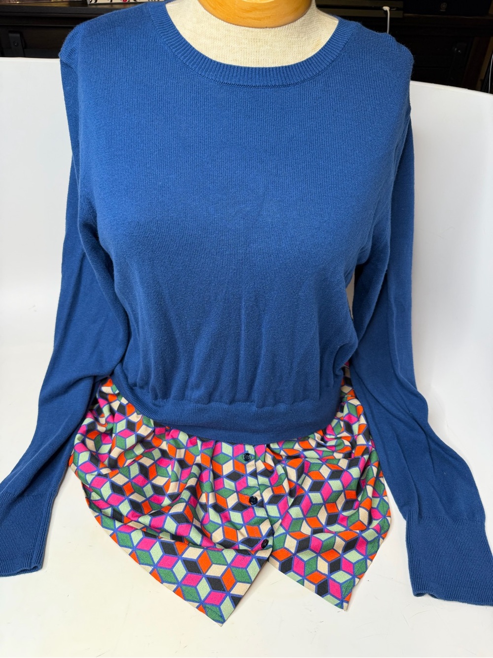 The Limited Blue Knit Top with Multicolor Geometric Skirt Set
